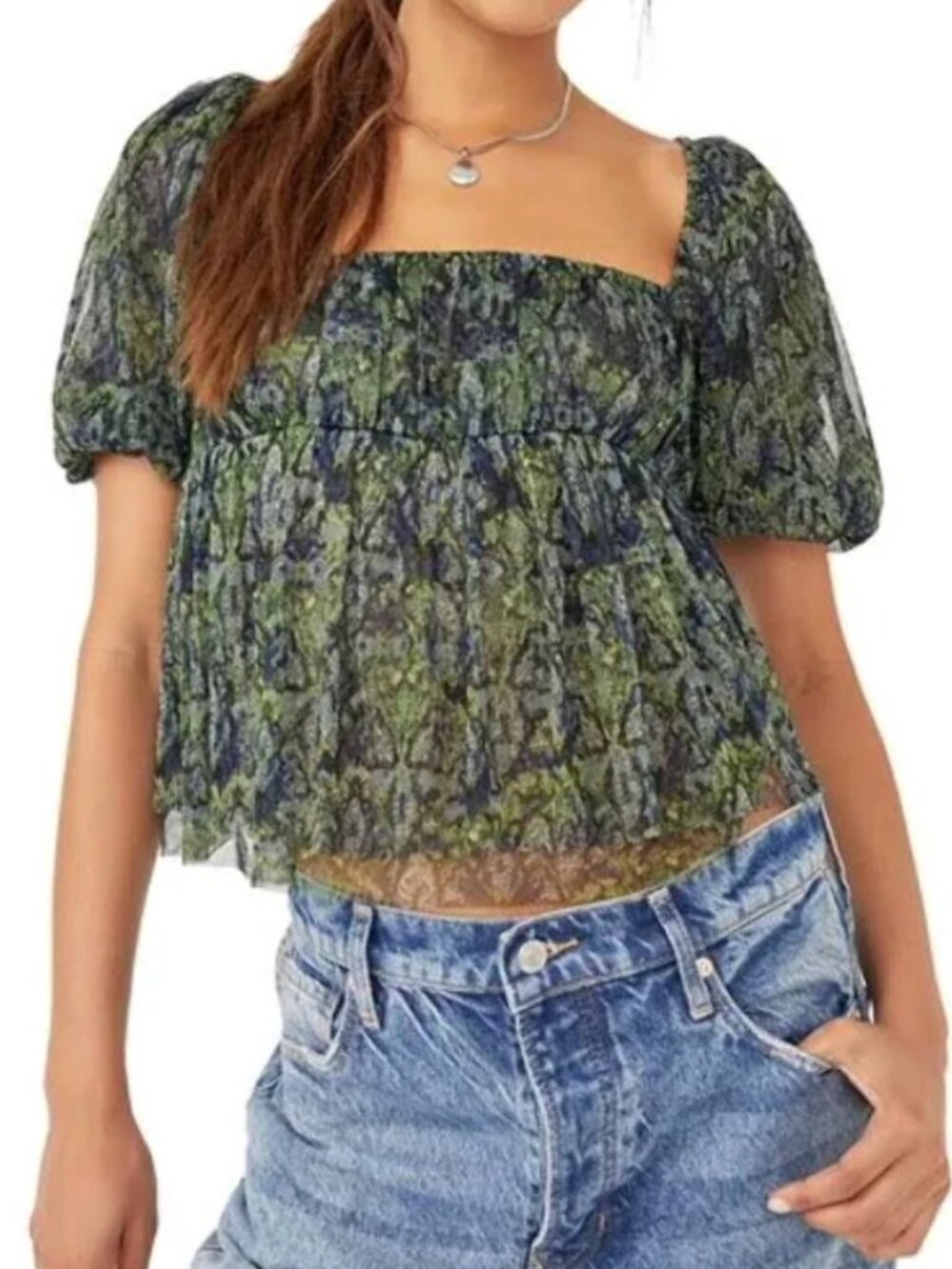 Free People Penelope Blouse – Deep Sea Combo (Green/Blue) - Size M